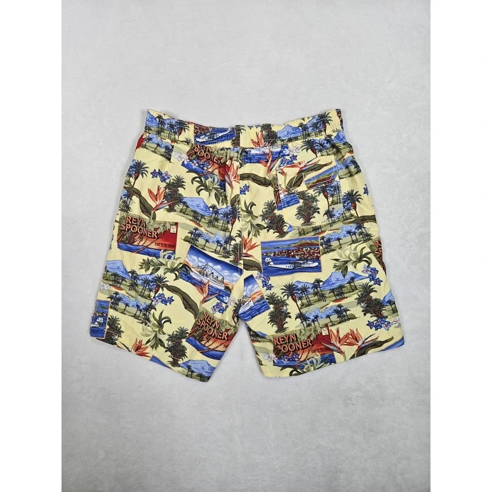 Vintage REYN SPOONER Pattern Ships Planes Palm Polyester Swim Shorts Men's Small